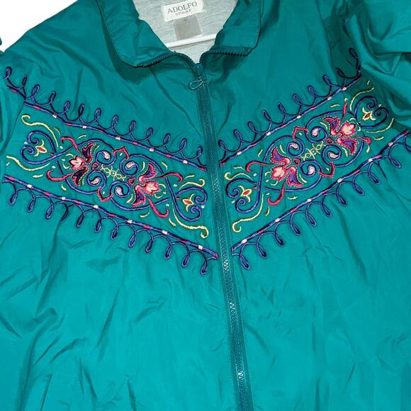 Vintage 90s Adolfo Sport Teal Embroidered Floral Windbreaker Track Set Small - Picture 13 of 13